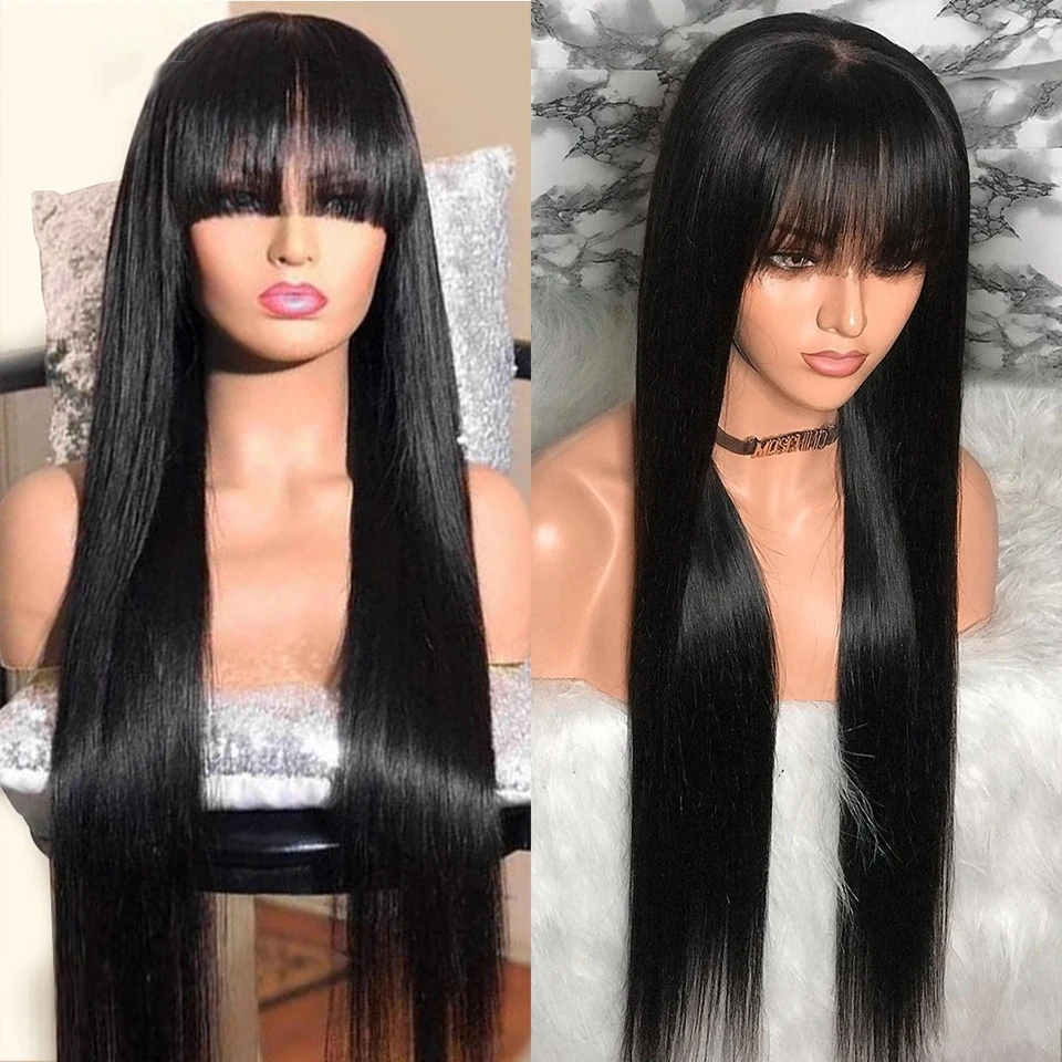 

Soft Natural Black 26 Inch Long Straight Machine Wig With Bangs For Black Women High Temperature Fiber Cosplay Glueless Daily