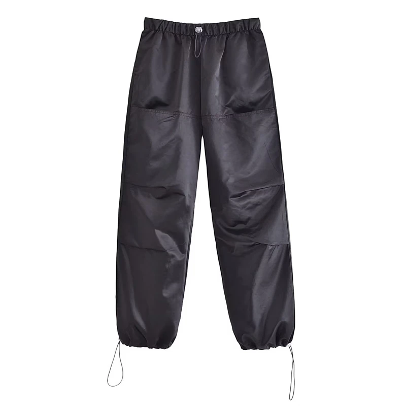 

Свободные прямые шелковые Сатиновые черные комбинезоны с высокой талией и эластичным поясом женские летние брюки в новом стиле