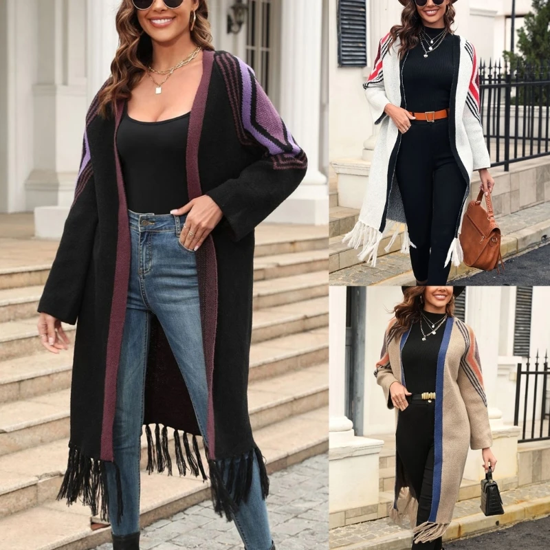 

Длинный вязаный кардиган с открытой передней частью, свитер для женщин, трикотаж с длинными рукавами, винтажный кардиган с