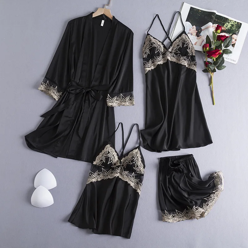 

Spring With Hollow Sleep Nightwear Shorts Four Set Out Sleepwear Summer V-neck Deep Home Women Sexy Lace Pajamas Clothes Pieces