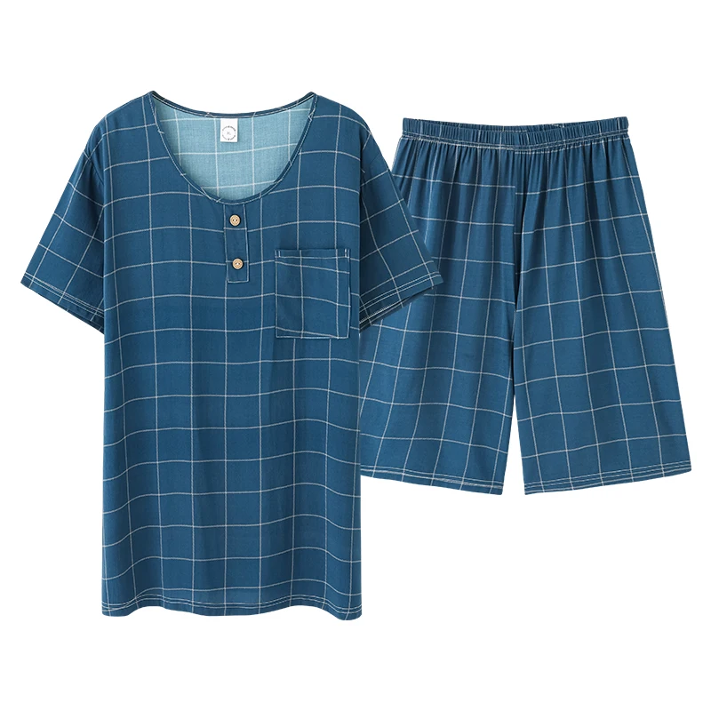 CAIYEIR 2022 Men Grid Print Pajamas Set Summer Short Sleeve Shorts Sleepwear For Men Loose Soft Cotton Nightwear Lounge Wear 3XL