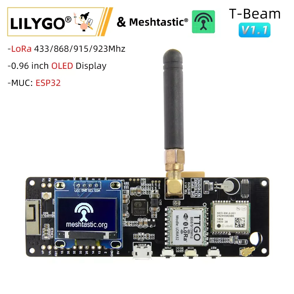 

LILYGO® TTGO Meshtastic T-Beam V1.1 ESP32 LoRa 433/868/915/923Mhz Wireless Module WiFi GPS NEO-6M With OLED Display for Arduino