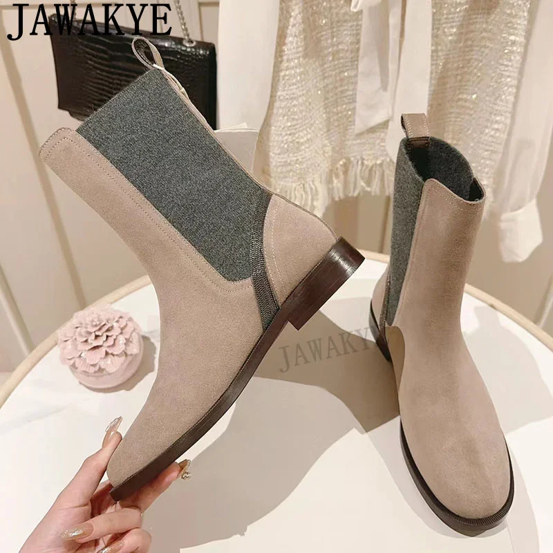 Женские замшевые ботильоны на плоской подошве с круглым носком