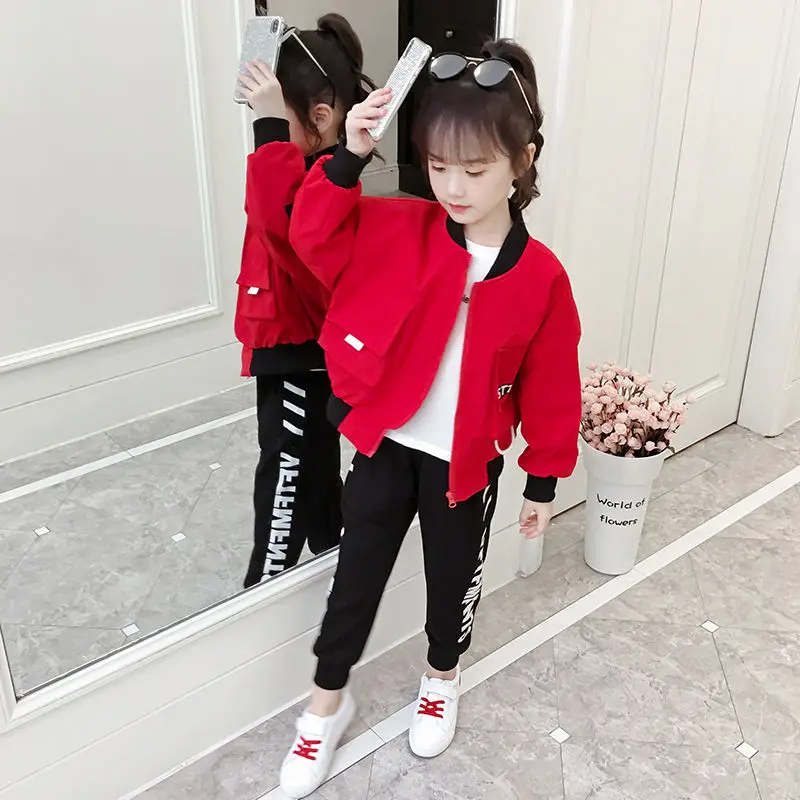 

Fashion Girls Spring Autumn Sport Clothes Set Children KIds Jackets Coats Long Pants 2pcs Trucksuit Clothing for 6 8 10 12 Years