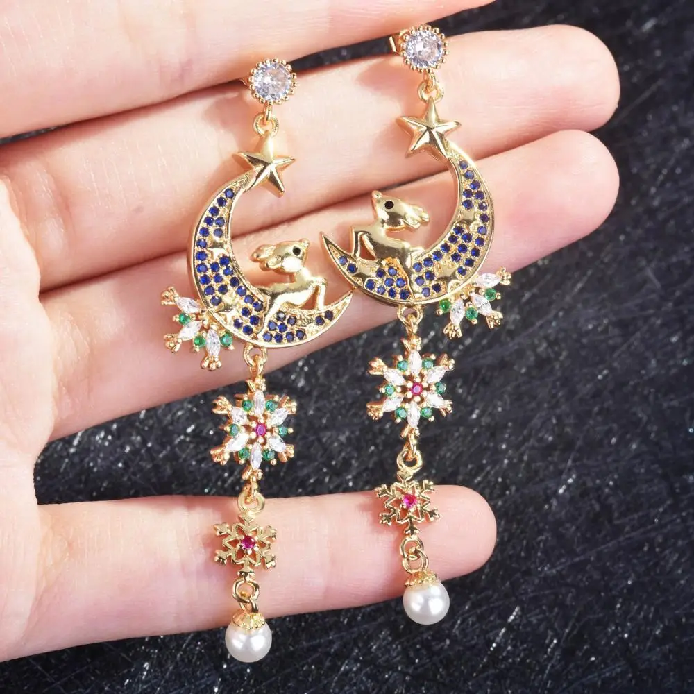 HOYON New Earrings Fairy Blue Zircon Long Snowflake Earrings Pearl Star Moon Deer Earrings S925 Silver Color Jewelry