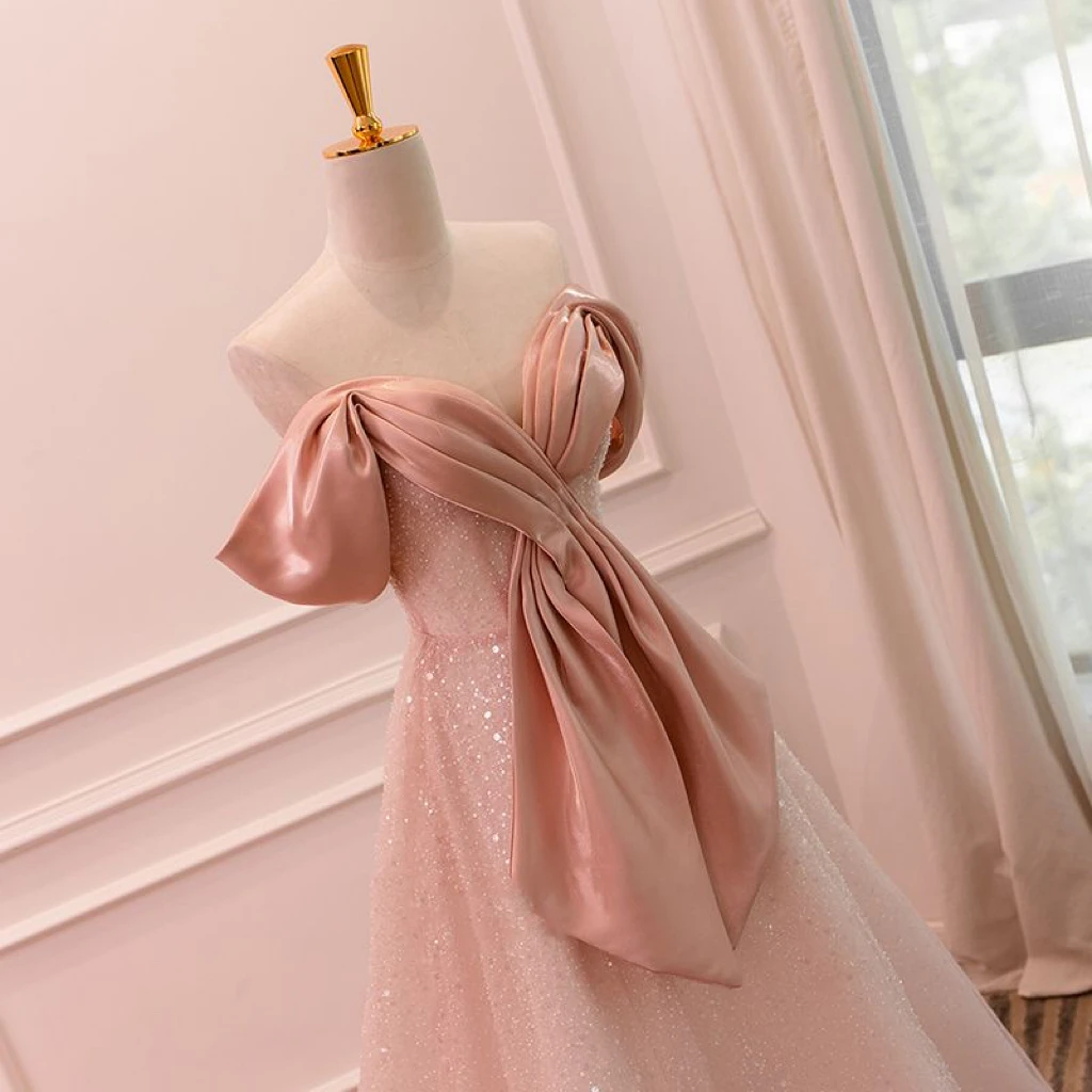 

Pink Long Cocktail Dress Off Shoulder Glitter Sequined Pleated A-Line Robe De Mariée Party Gown Women Wedding Toast Clothing