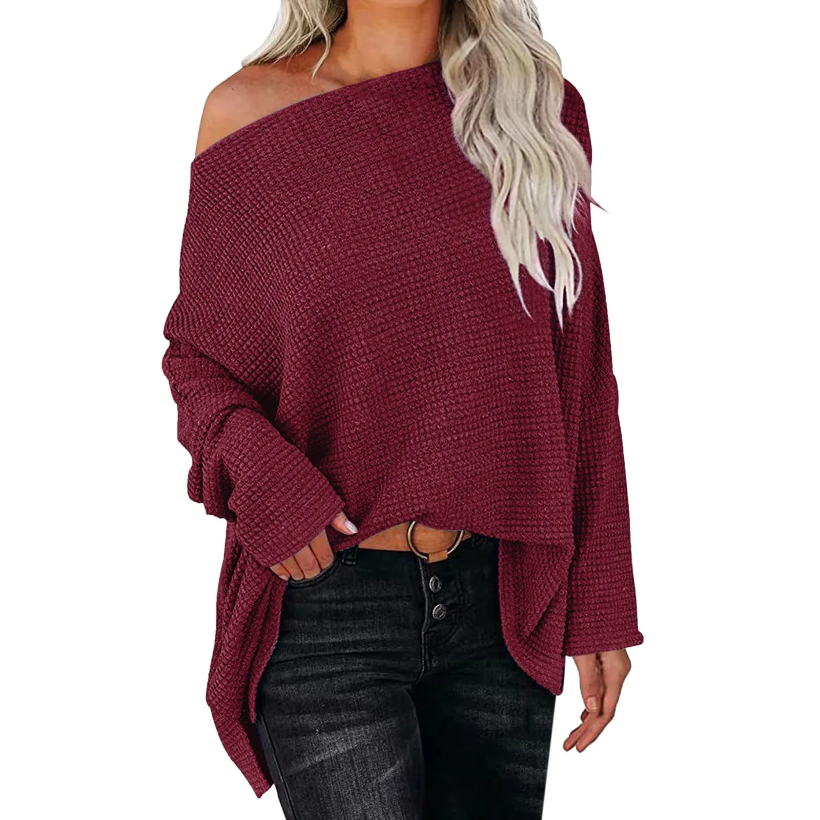 

2022 Autumn Women Fashion Off Shoulder Long Sleeve Oversized Pullover Sweater Knit Jumper Tops Loose Solid Color Sweater Top