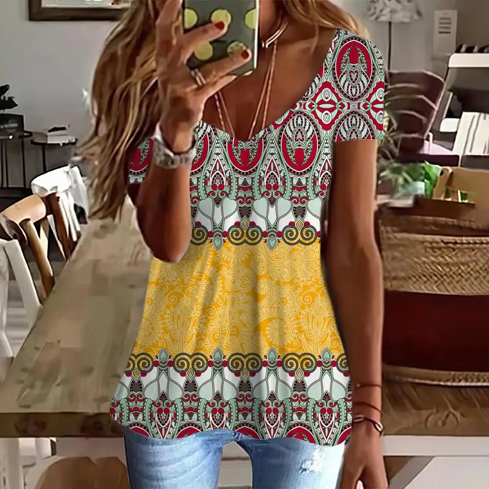 

Bohemia Vintage T-Shirts Woman‘s Tees 2023 Summer Sexy Tops 3D Print Streetwear T Shirt Casual Oversized V-Neck Short Sleeve Top
