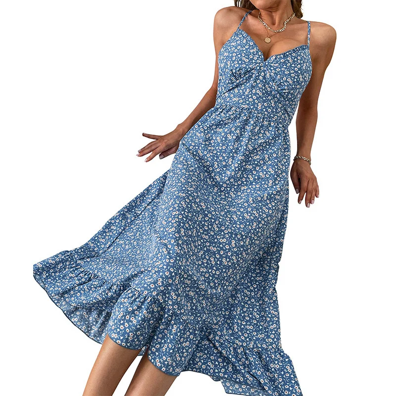

2022 new printed holiday suspender dress sleeveless Summer Blue Floral Dress