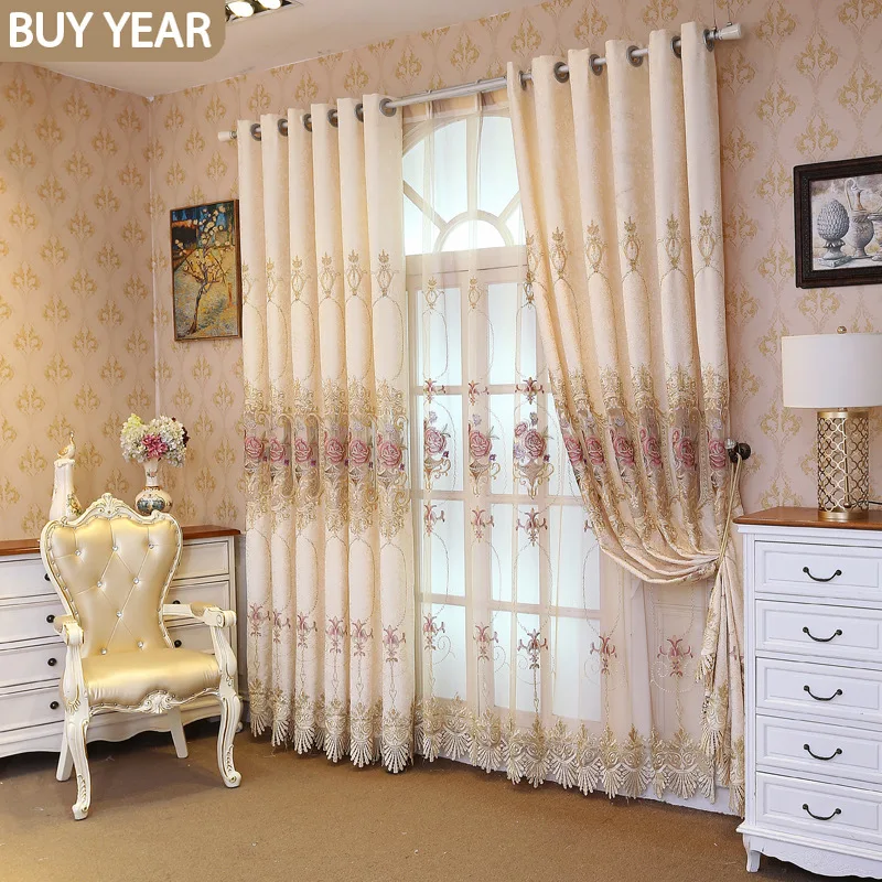 

Embroidered Chenille Curtain for Living Room bedroom Water-soluble Fabric Villa Curtain European and American Pastoral Flowers