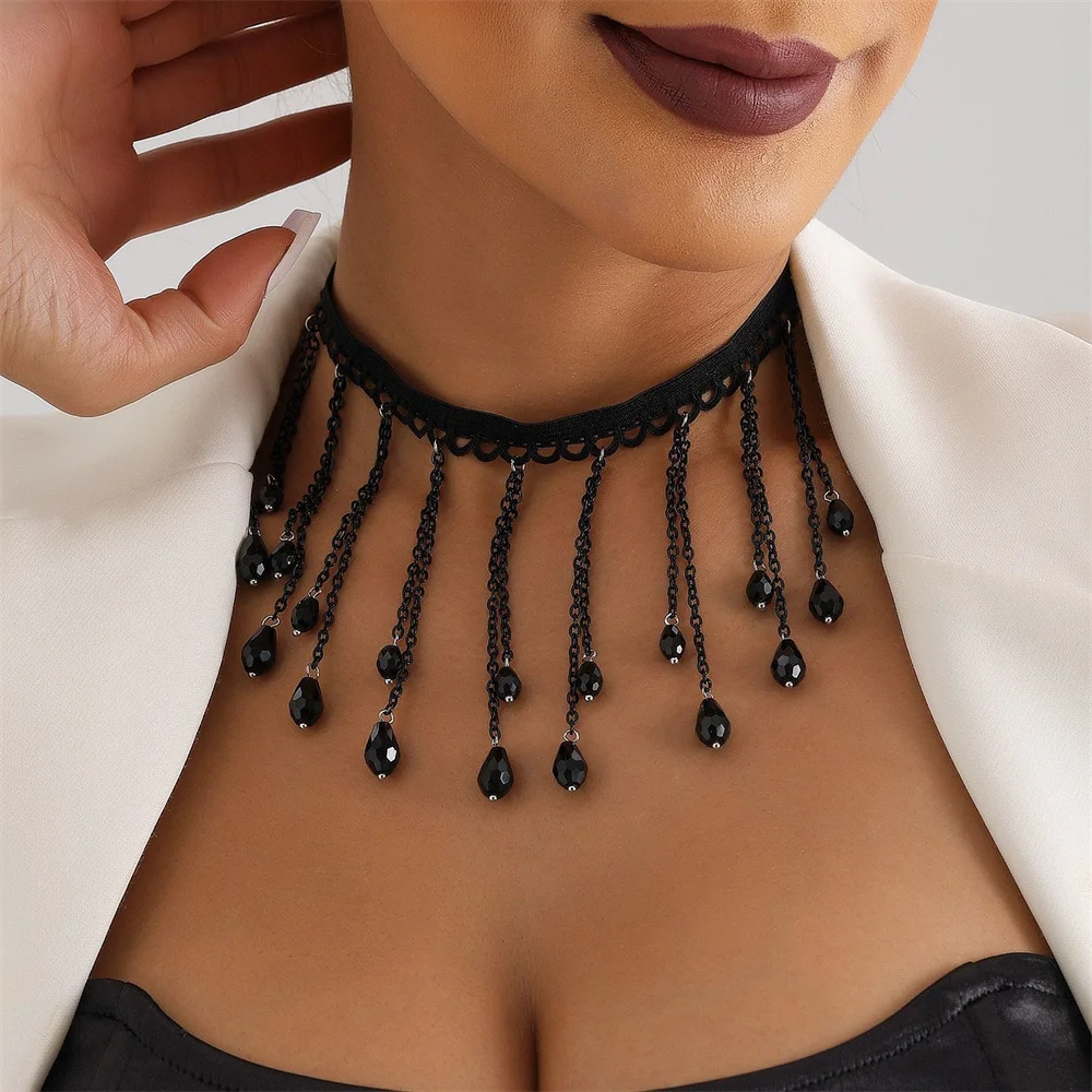 Ожерелье фэн-шуй из черного хрусталя готическое ожерелье с капелькой и кисточкой