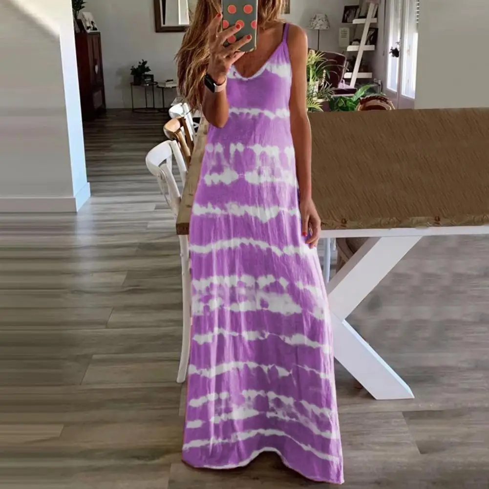 

Horizontal Print Long Dress Casual V Neck Sleeveless Sling Dress Stylish Pullover Large Hem Women Dress Streetwear for Dating