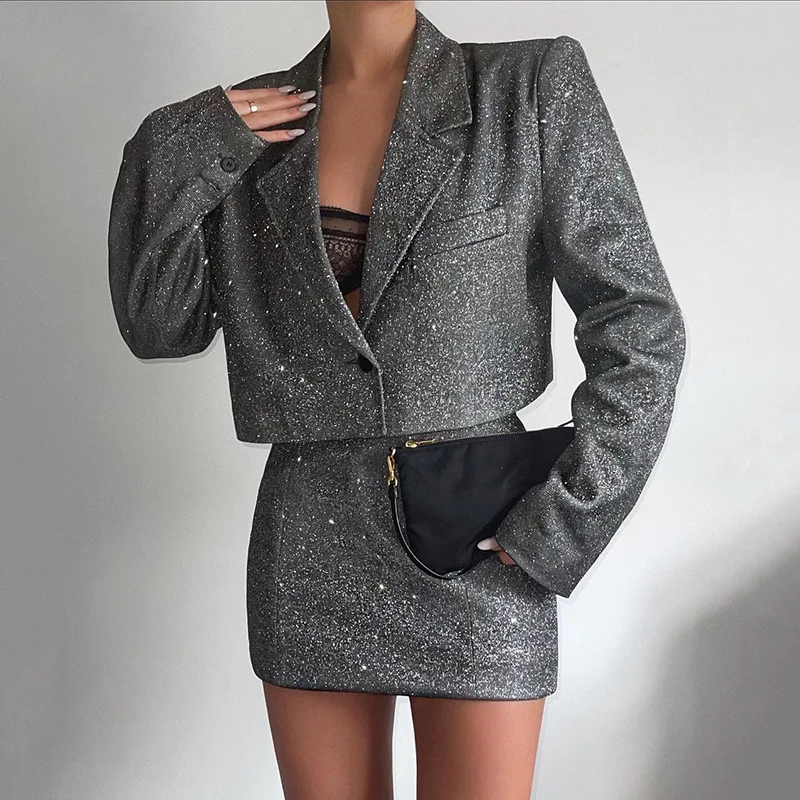 

2023 Sexy Spicy Girl Small Suit Set Autumn Winter New Casual 2-piece Suit Fashion Polo Long Sleeve High Waist Short Dress Set