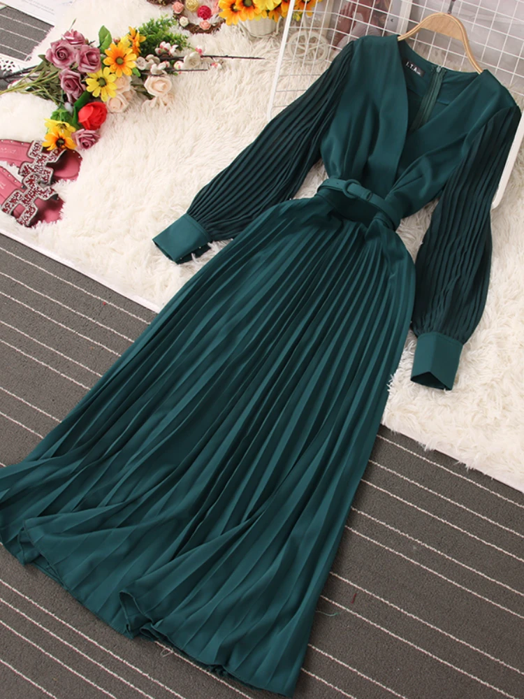 

Fitaylor New Spring Autumn Women Elegant V-neck Long Sleeve Pleated Dress Office Lady Slim High Waist A-line Dress with Belt