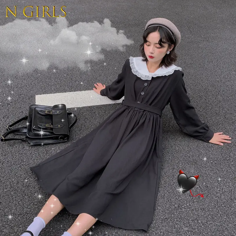 

N GIRLS Dress Women New Autumn Peter Pan Collar Sashes Students Japanese Patchwork Streetwear Maxi Dresses Lovely Black Vintage