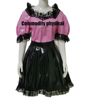 hot sexy sissy dress pvc black pink sewn square neck lace inlaid maid role playing clothes can be customized