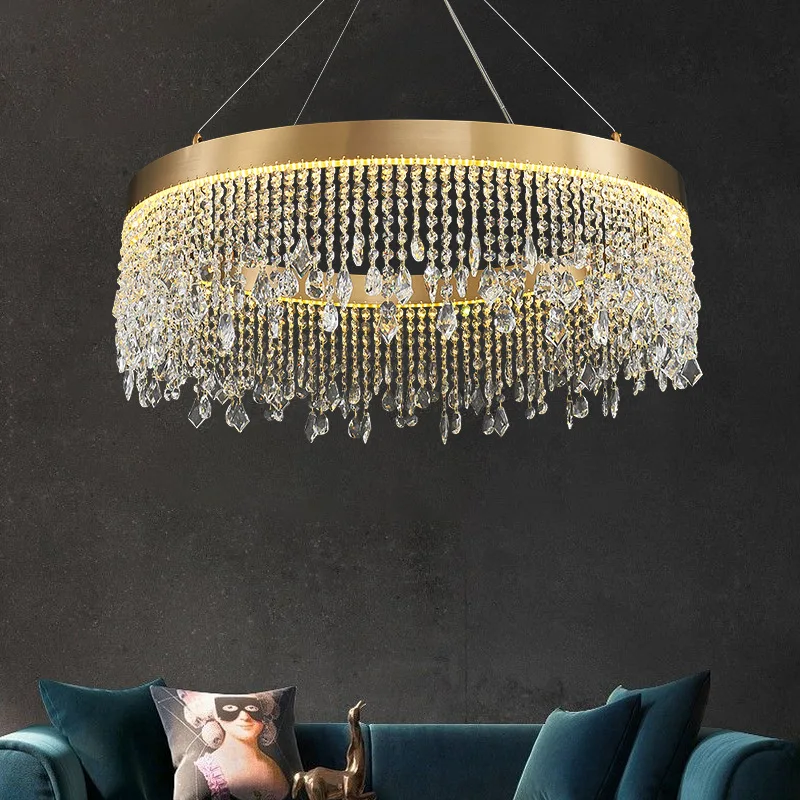 

Luxury Hanging Lamp Gold Nordic K9 Crystal Chandelier Living Room Led Circle Ceiling Pendant Light Design Lustre Home Decor