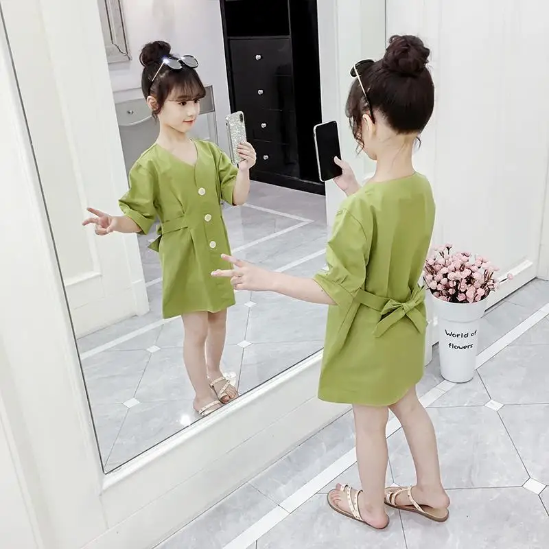 

Girls Summer 2022 Dress Childrens Clothes V-Neck Elegance Princess Dress Bow Half Sleeve Birthday 6 To 7 Year Girls Dress Kids