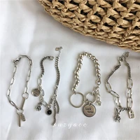 925 sterling silver handmade alphabet bear bunny circle thick chain bracelet for women men thai silver jewelry 2022 hot