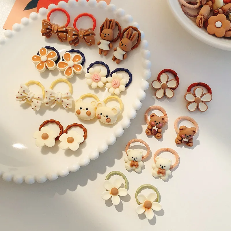 20pcs/set Cute Bow Baby Elastic Rubber Hair Bands Tie Coffee Color Bear Floral Hair Rope Headband for Children Girls Accessories