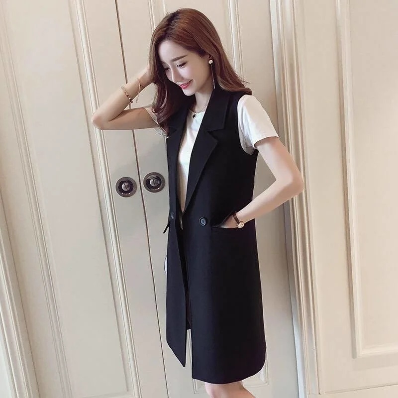 

New Korean Fashion Split Long Womens Vest Spring Elegant Black Sleeveless Jacket Female Solid Cardigan Waistcoat Vests Chaquetas