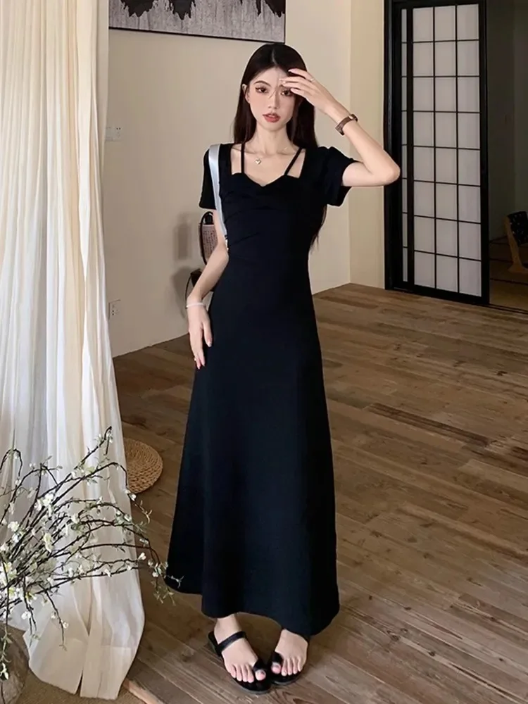 

Summer New Design Sense V-Neck Hanging Neck Black Dress Female Short-Sleeved High Waist Waist Slimming Elegant Long Skirt