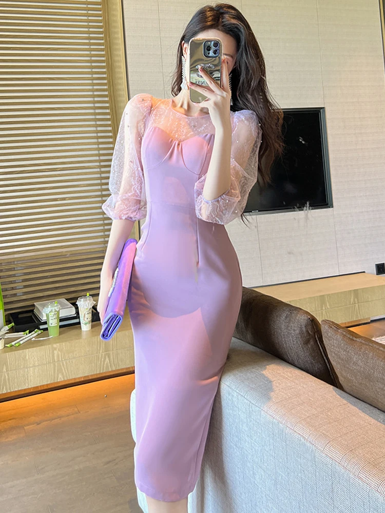 

Elegant Beatiful Midi for Women's Gentle Sexy Diamond Purple Sheer Perspective Mesh Spliced Slit Robe Lady Party Banquet Vestido