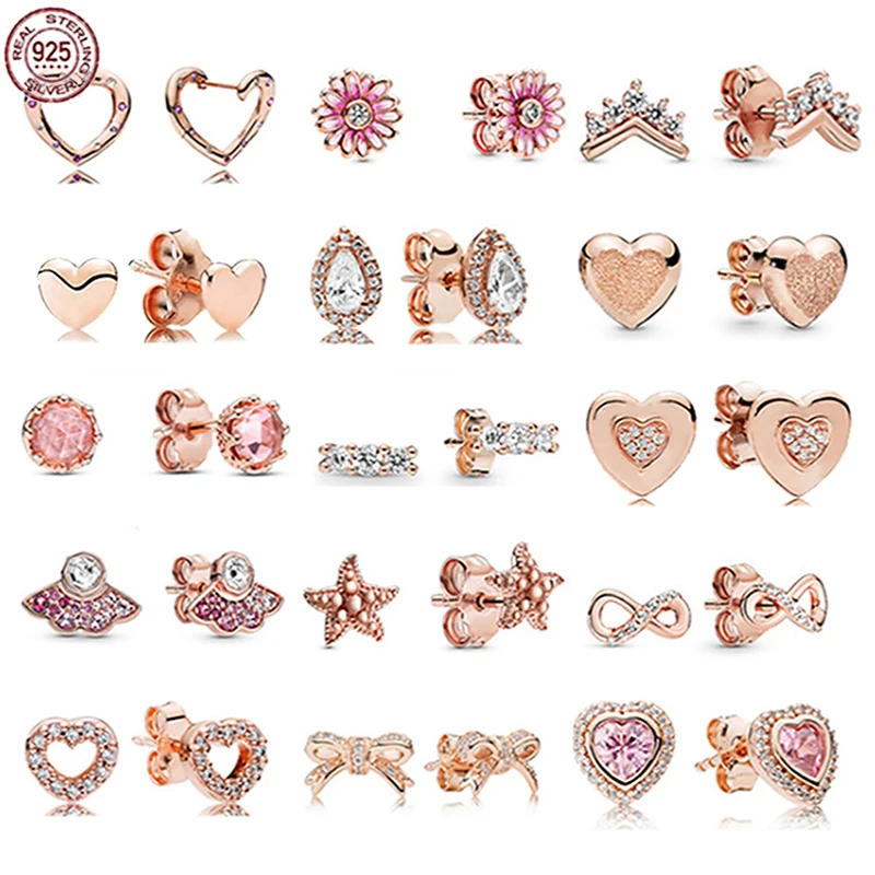 

Элегантные женские серьги из стерлингового серебра 925 пробы, серия розового золота, блестящие серьги с веером, короной, бантом, маргариткой, морской звездой, модный подарок