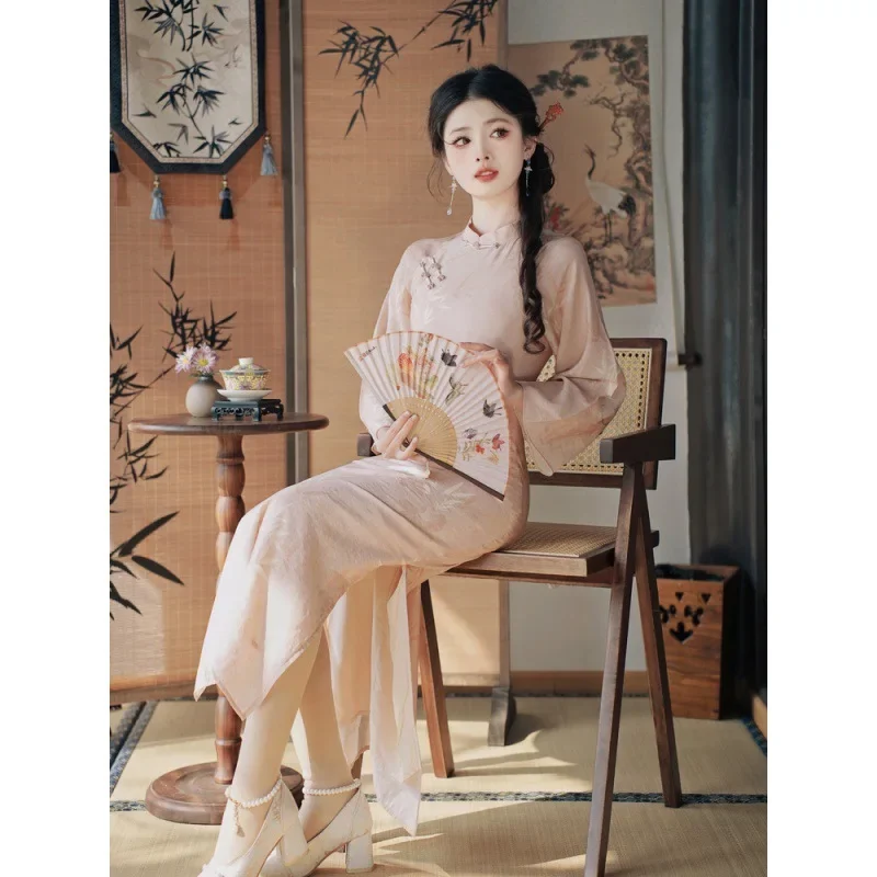 2024 весна-лето женская одежда в китайском стиле элегантное розовое платье с