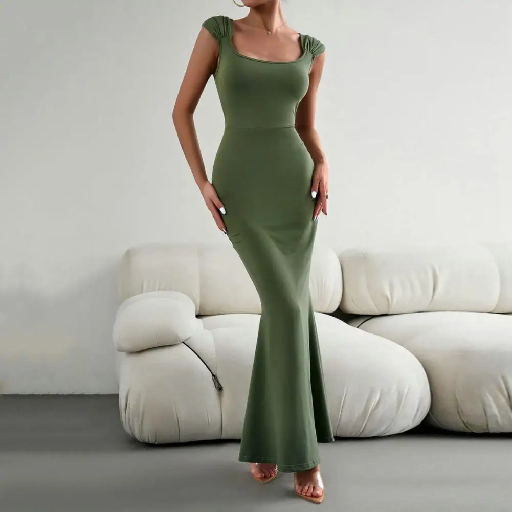 

Женское трикотажное платье-макси без рукавов, элегантное однотонное облегающее плиссированное платье с квадратным вырезом и открытыми плечами