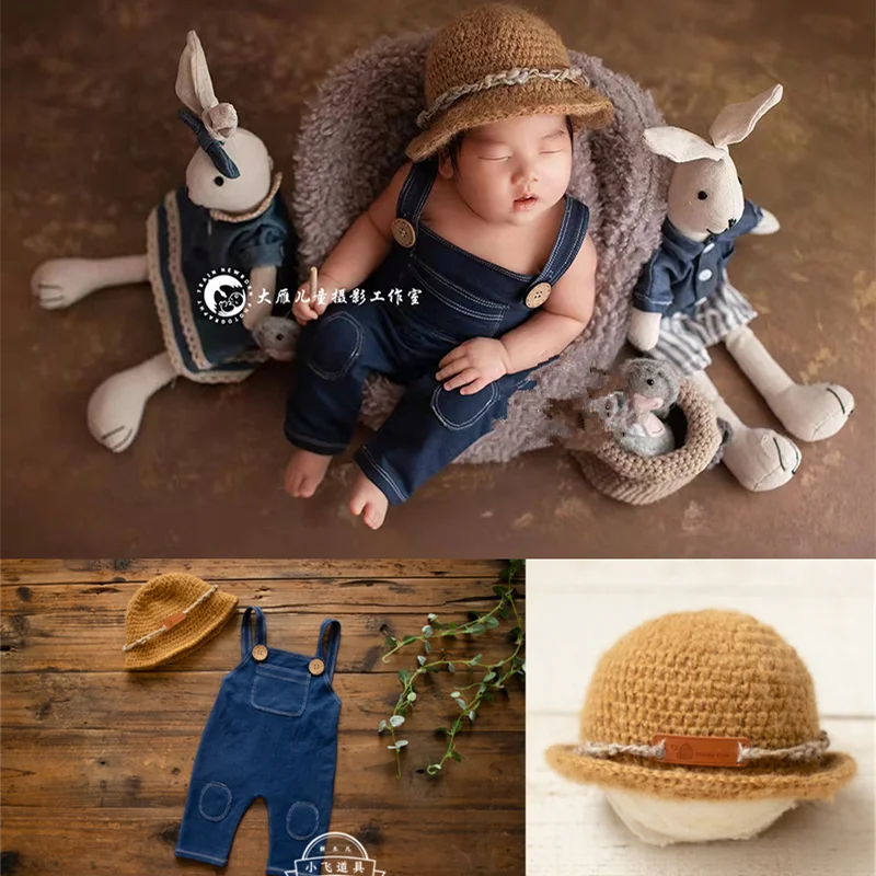 Dvotinst Newborn Baby Boys Photography Props Cowboy Denim Suspender Sleeveless Romper Hat Outfits Studio Shooting Photo Props
