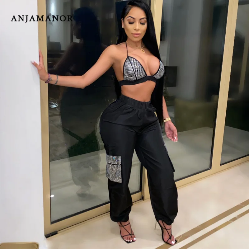 

ANJAMANOR Crystal Embellished Crop Top Jogger Suit Sexy Matching Sets Women Costume Two Piece Set Club Outfits D12DE38