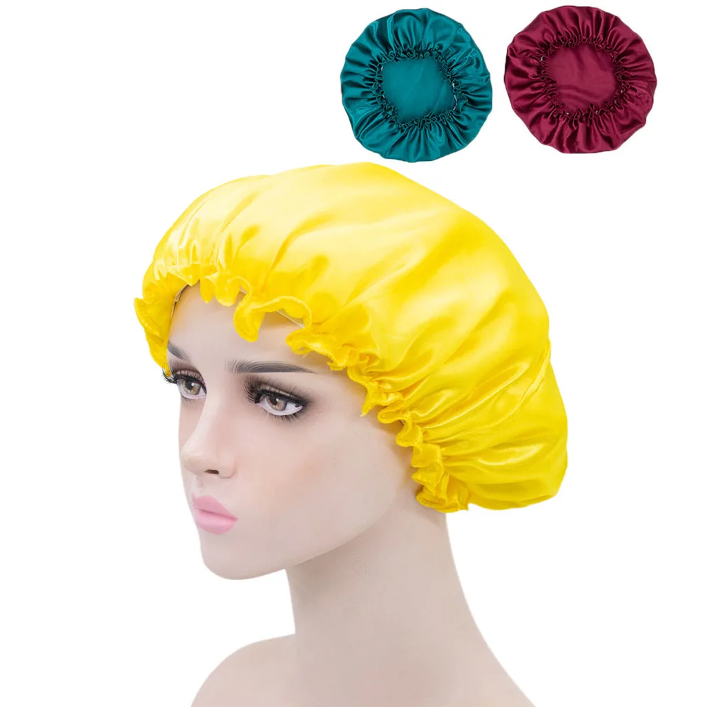 

3 Single-Layer Satin Shower Cap Women Satin Bath Nightcap Confinement Chemotherapy Kitchen Smoke Cap Multifunctional Hair Cap