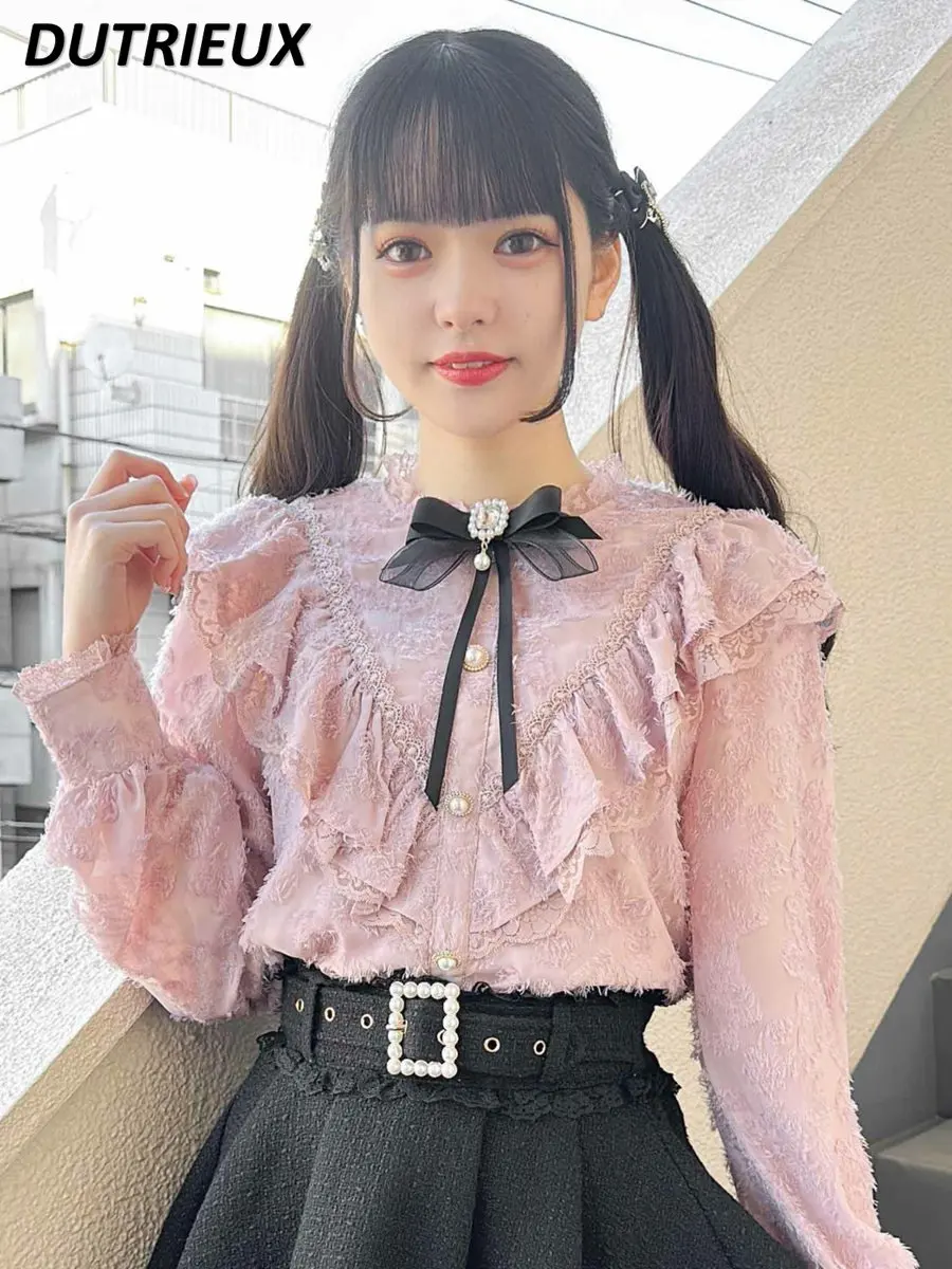 

Japanese Style Rojita Shirt Lady Long Sleeve Top Pleated Feather Lace See-through Peter Pan Collar Elegant Blouse for Women