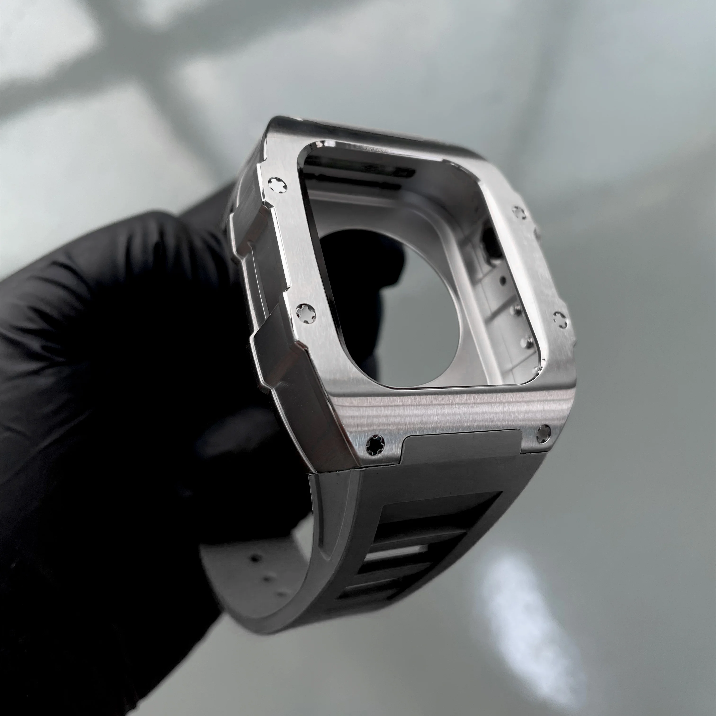 44MM 45mm Luxury Modification Kit Set for Apple Watch Series 7 Fluororubber Band Metal Case for IWatch SE 6 5 4 Diy Retrofit Kit