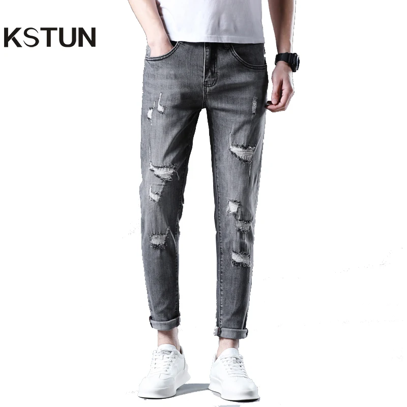 Мужские узкие джинсы в стиле хип-хоп рваные серые эластичные облегающие