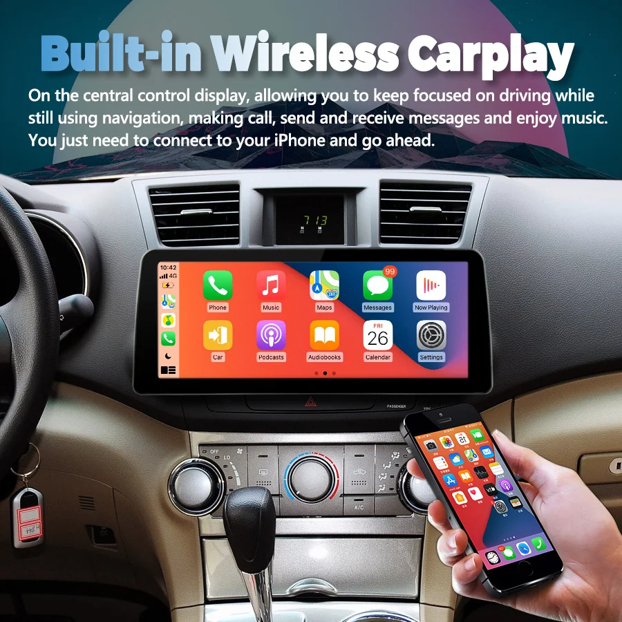 

Автомобильный видеопроигрыватель с широким экраном 12,3 дюйма, Android 12, радио, стерео для Toyota Highlander 2007-2013, GPS, мультимедийное устройство для Carplay