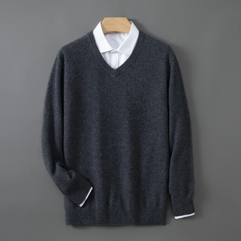 Мужской повседневный свитер вязаный джемпер из 35% кашемира с v-образным вырезом