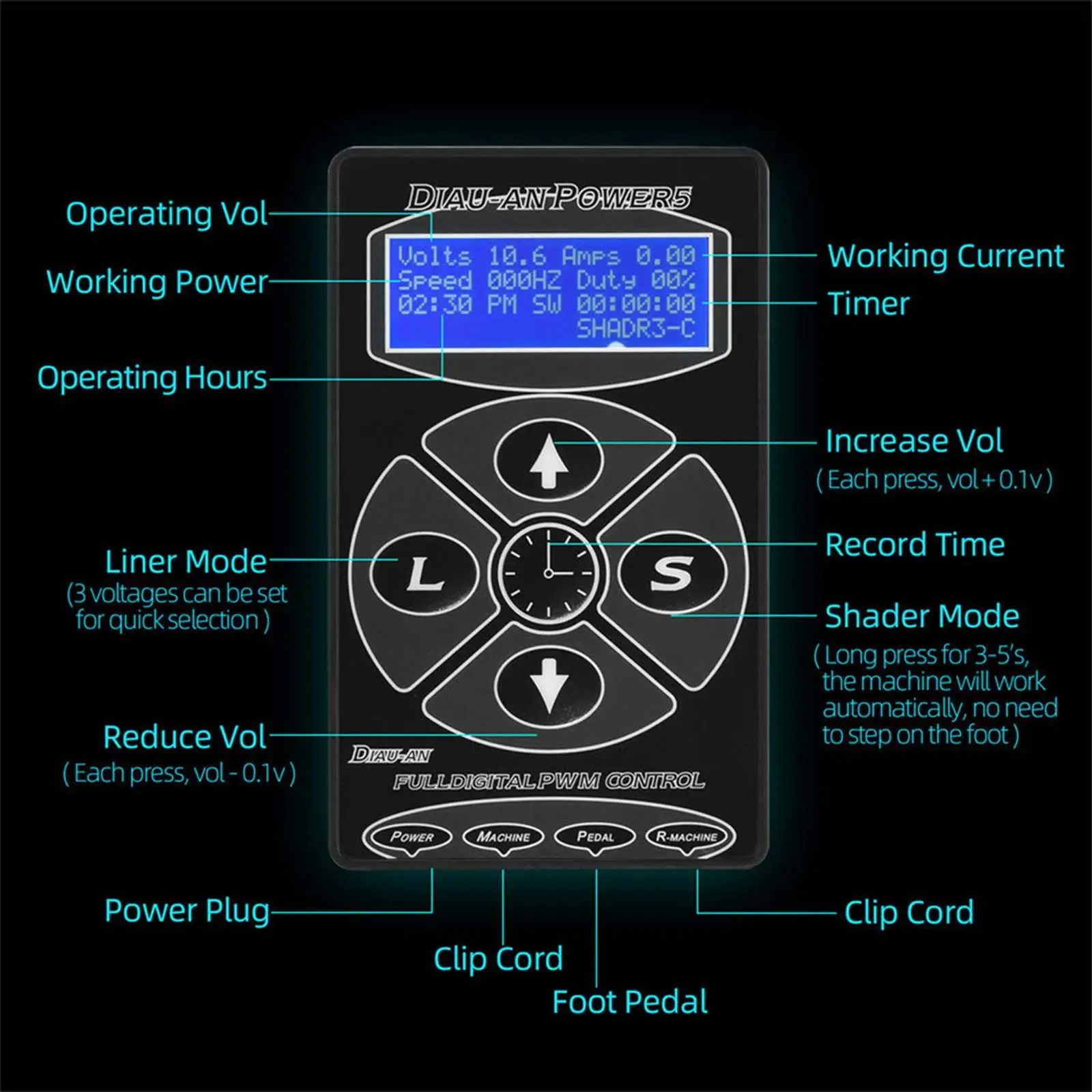 Digital LCD Tattoo Power Supply Kit with Base Durable with Cord Makeup Tool Portable Adjustable tattoo Supply