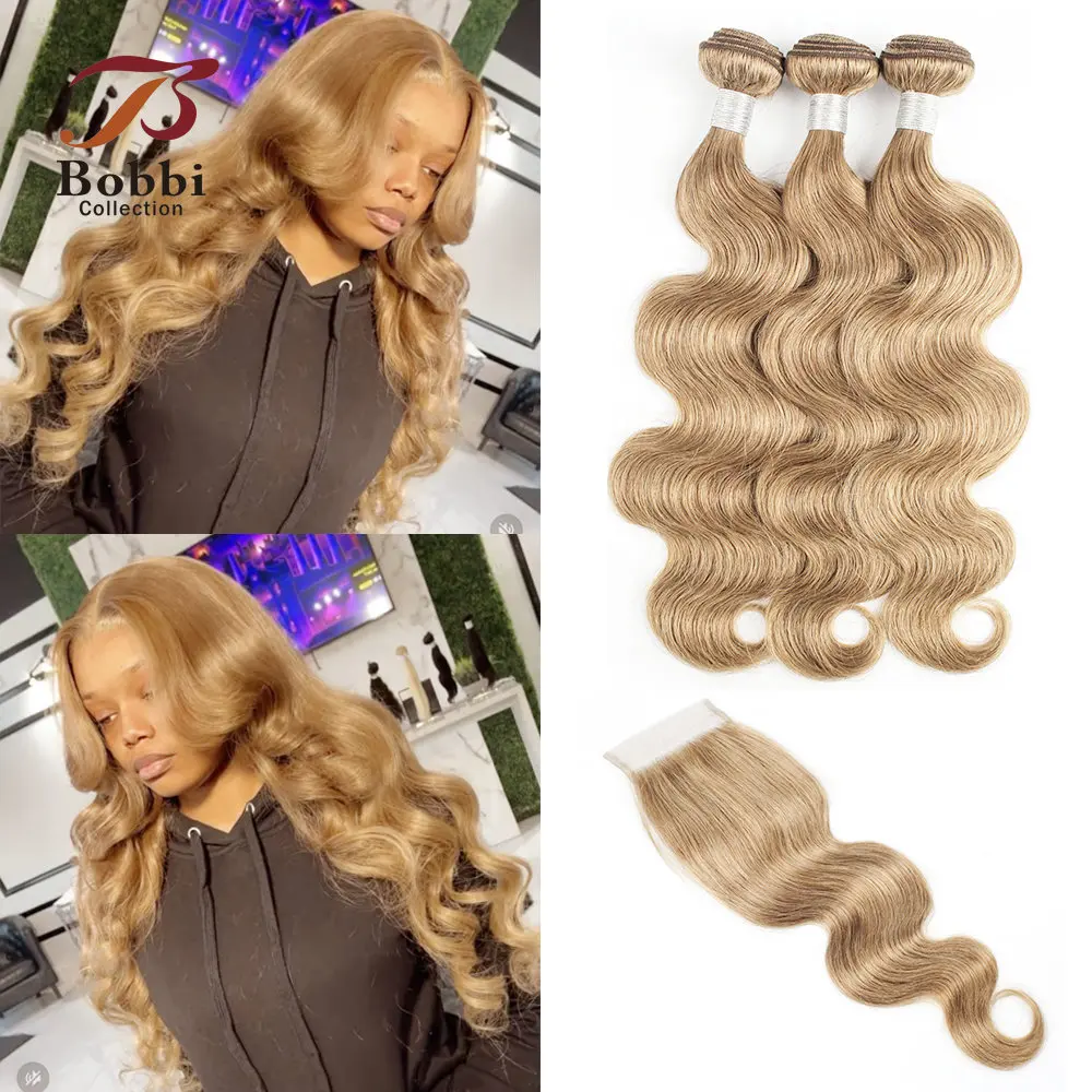 

Color 27 Honey Blonde Body Wave Bundles with Closure Transparent 4x4 Lace Remy Human Hair Weave Extension Bobbi Collection