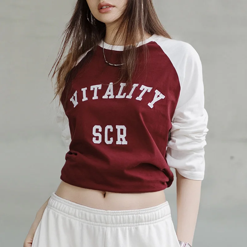 Женская хлопковая футболка с длинным рукавом Maden бордовые Топы контрастных