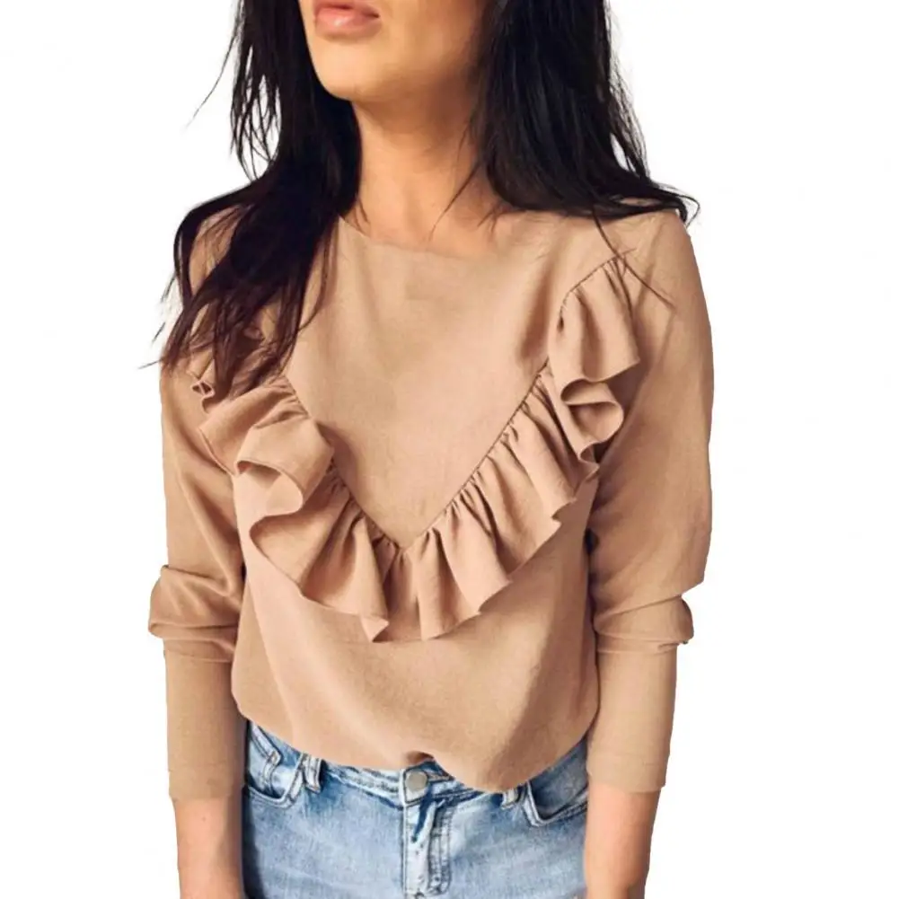 

40%HOTLady Shirt Solid Color Flounce Edge O Neck Casual Spring Top for Daily Wear