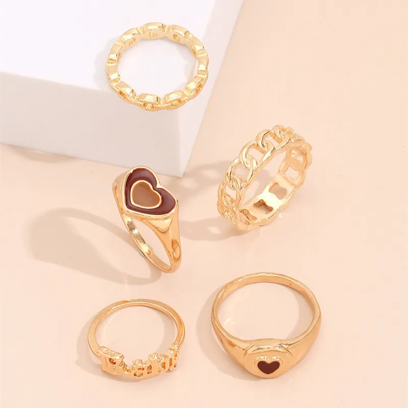 5 шт./компл. набор винтажных геометрических колец с золотым капающим сердцем и
