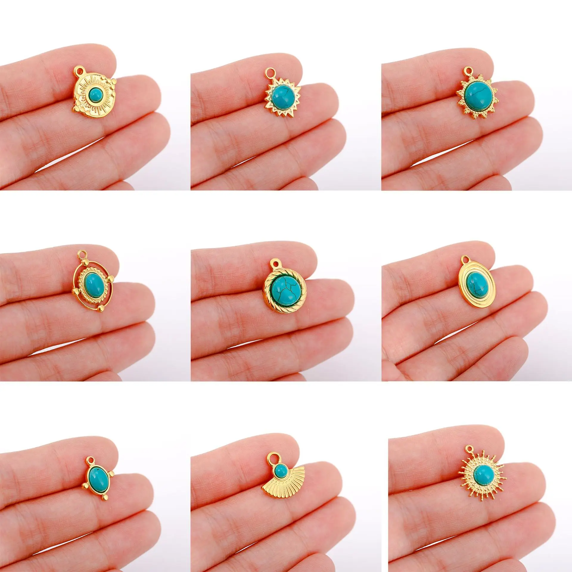 3Pcs/Lot Natural Turquoise Charms Stainless Steel Sun Pendants Charm for Earring Bracelet Necklace Making DIY Crafts Wholesale