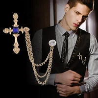 korean new high end metal cross brooch crystal rhinestone tassel chain lapel pin fashion mens suit badge for women accessories