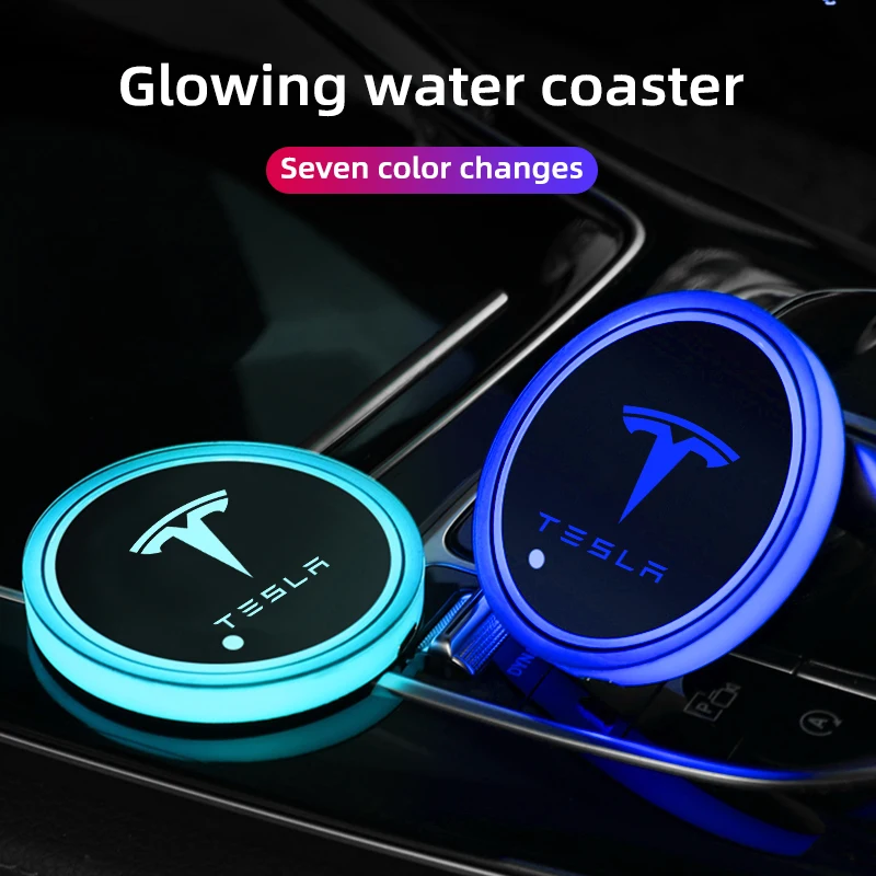 For Tesla Model 3 S Y X Water Cup Bottle Rack Pad Non-slip water coasters colorful atmosphere lights Coasters USB charging