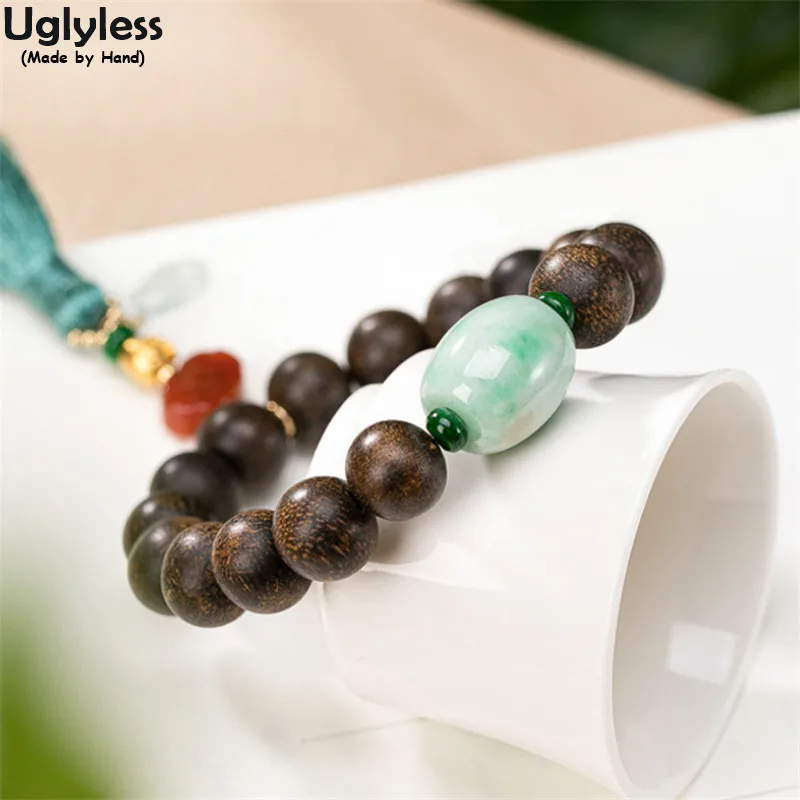 

Uglyless 100% Natural Sandalwood Bracelets for Women Genuine 24K Gold Charms Elastic Rope Emerald Beading Bracelets Rope Tassels