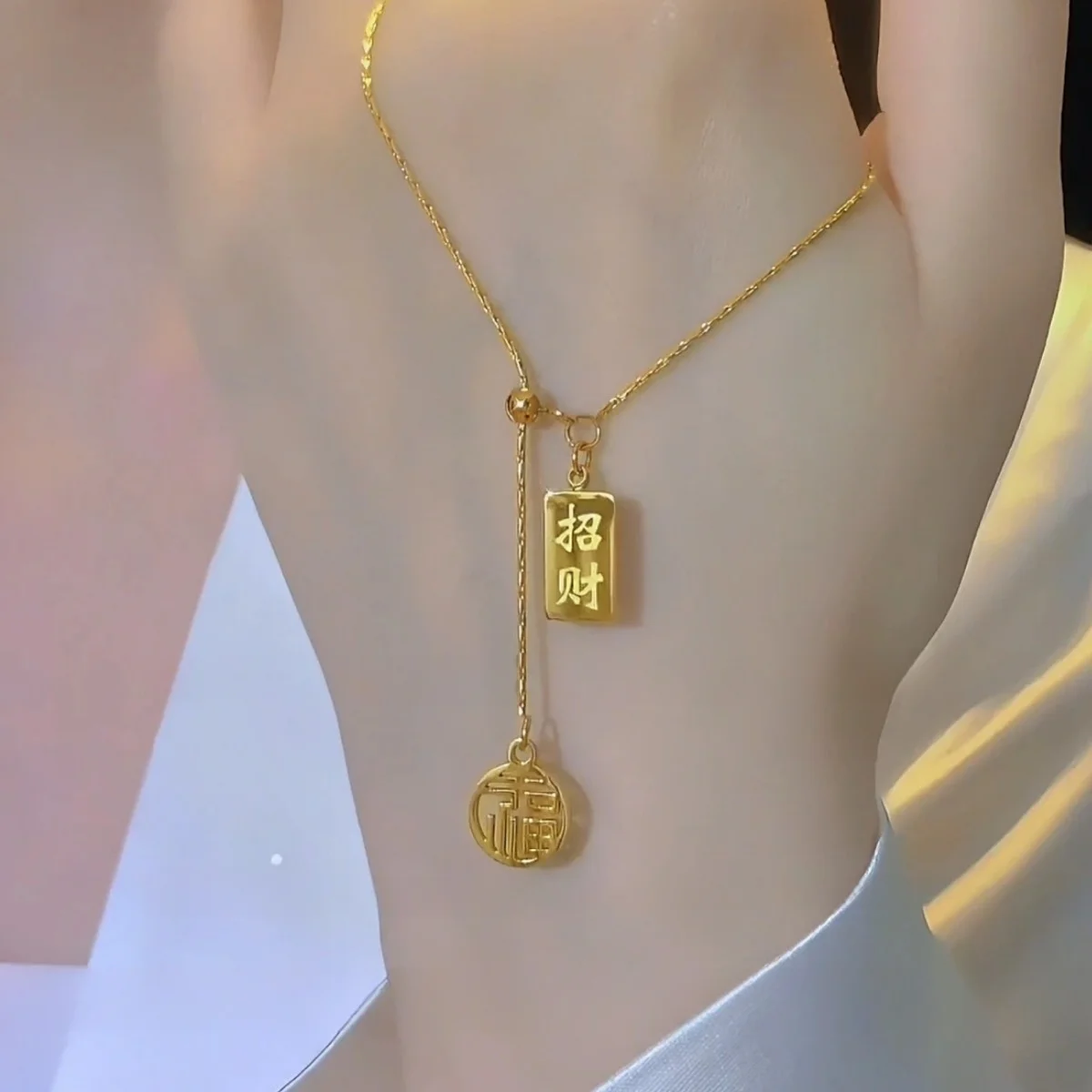 

Chinoiserie Lucky Fortune Gold Bar Tassel Pendant Stainless Steel Fashion Gold Necklace For Women Accessories Free Shipping