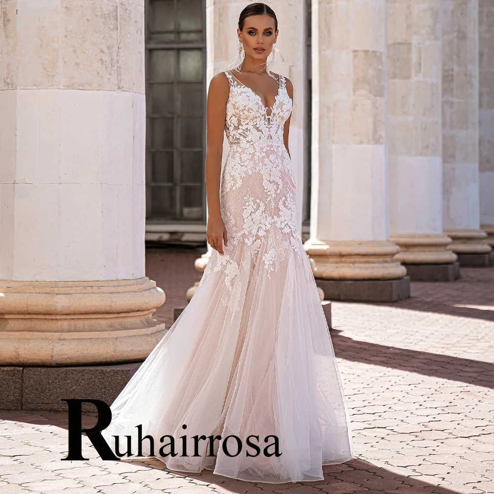 

Ruhair Mermaid Lace Beading Crystal Backless Wedding Dresses For Women Sleeveless Appliques Vestidos De Novia Formal Brides Gown