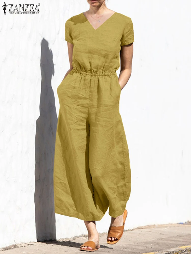 

ZANZEA Summer Jumpsuits Women V Neck Short Sleeve Rompers Casual Solid Wide Leg Overalls Loose Cotton Playsuits Oversize Kaftan